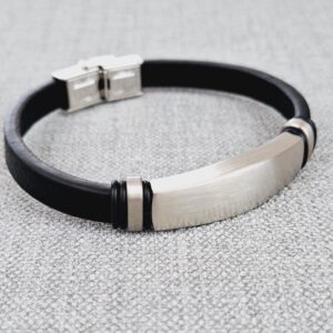 adjustable black vegan leather bracelet: brushed stainless steel plate