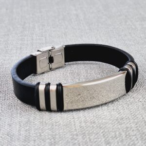 adjustable black vegan leather bracelet with stainless steel plate