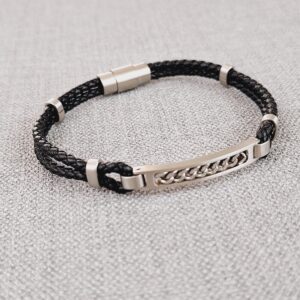 black vegan leather bracelet with stainless steel plate