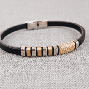 adjustable black vegan leather bracelet: stainless & rose gold accent