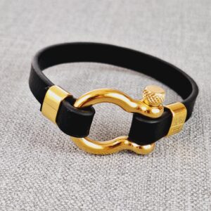 black vegan leather bracelet with stainless steel clasp