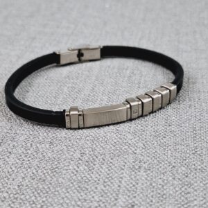 adjustable black vegan leather bracelet with stainless steel plate