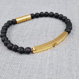 black beaded bracelet: gold stainless steel plate, vegan leather clasp