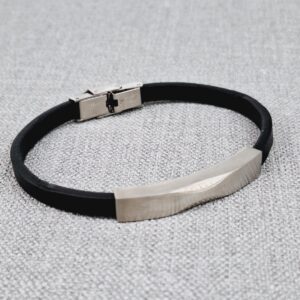 adjustable black vegan leather bracelet with stainless steel plate