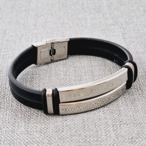 adjustable black vegan leather bracelet with stainless steel plate