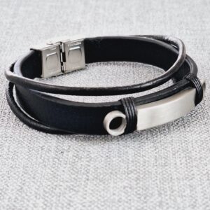 adjustable black vegan leather bracelet: stainless steel plate, unisex