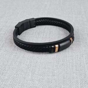 adjustable black vegan leather bracelet with rose gold details