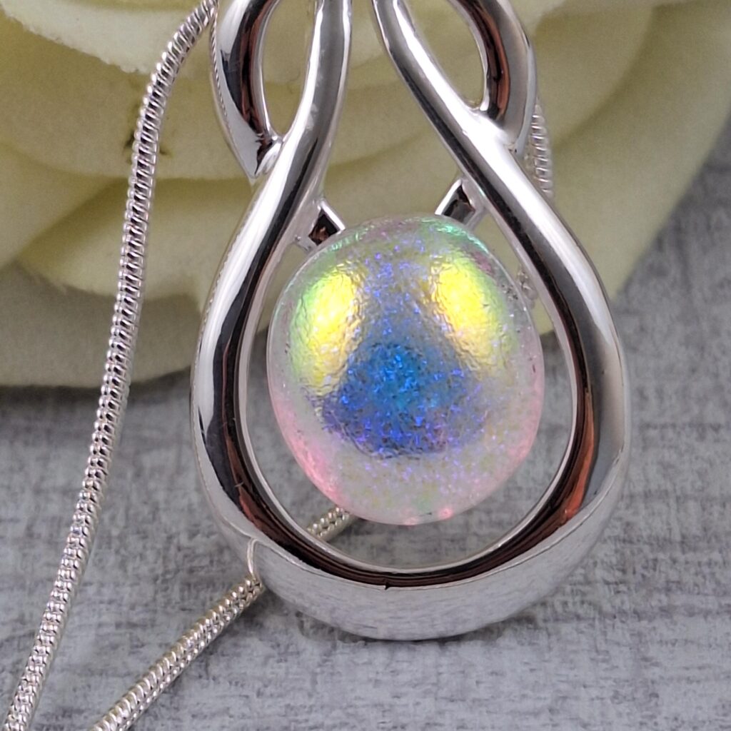 gold and purple celtic knock dichroic glass pendant with chain