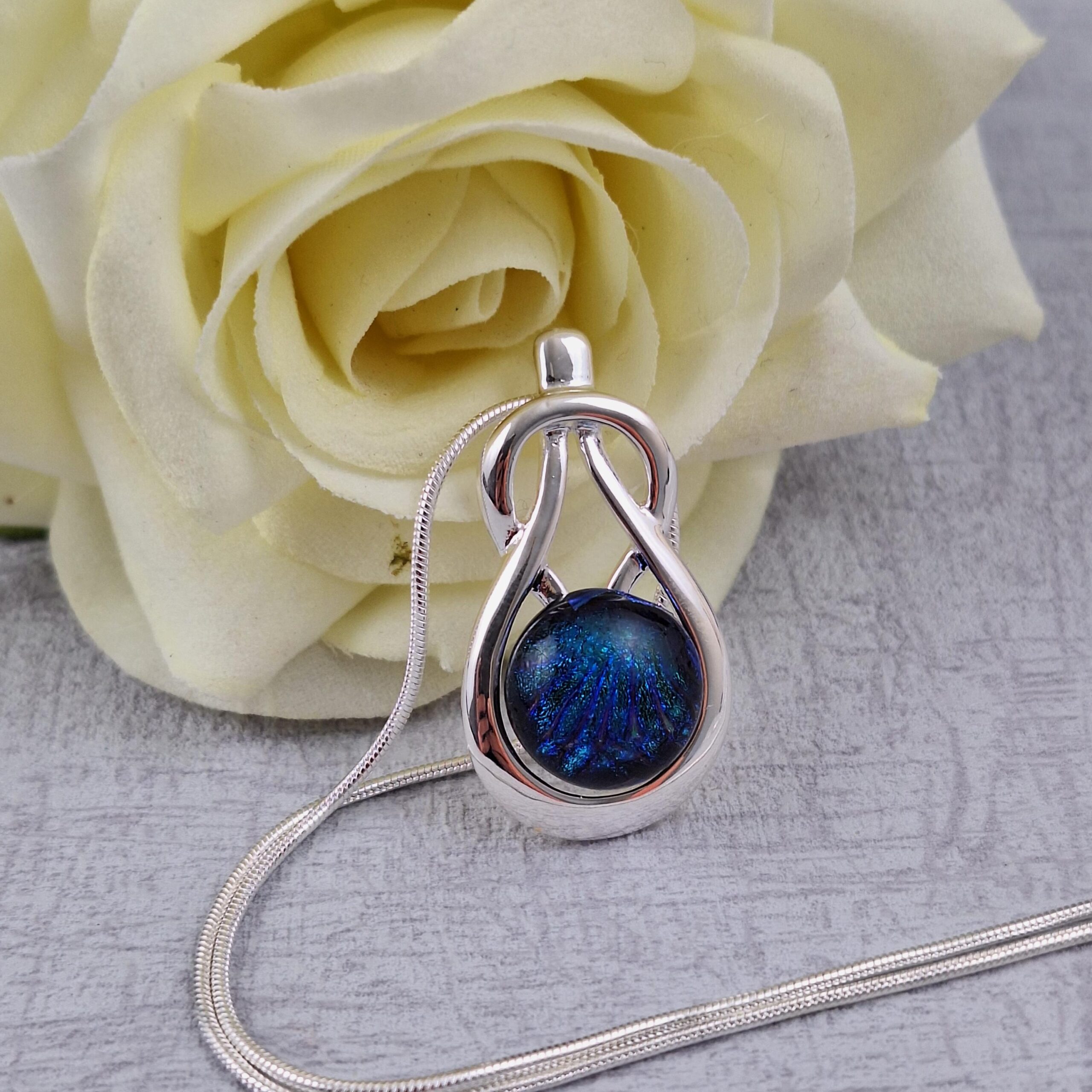 blue celtic knock dichroic glass pendant with chain