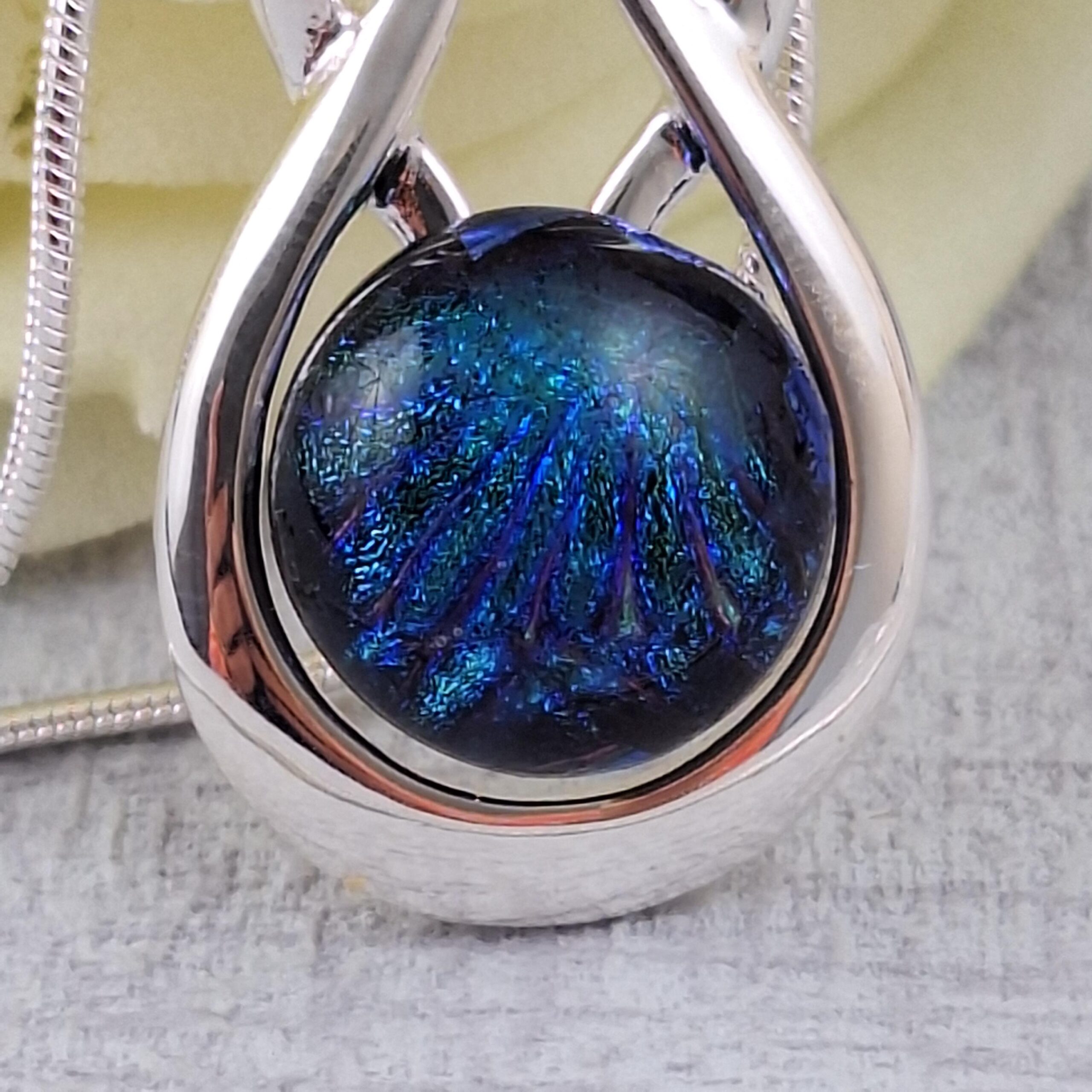 blue celtic knock dichroic glass pendant with chain
