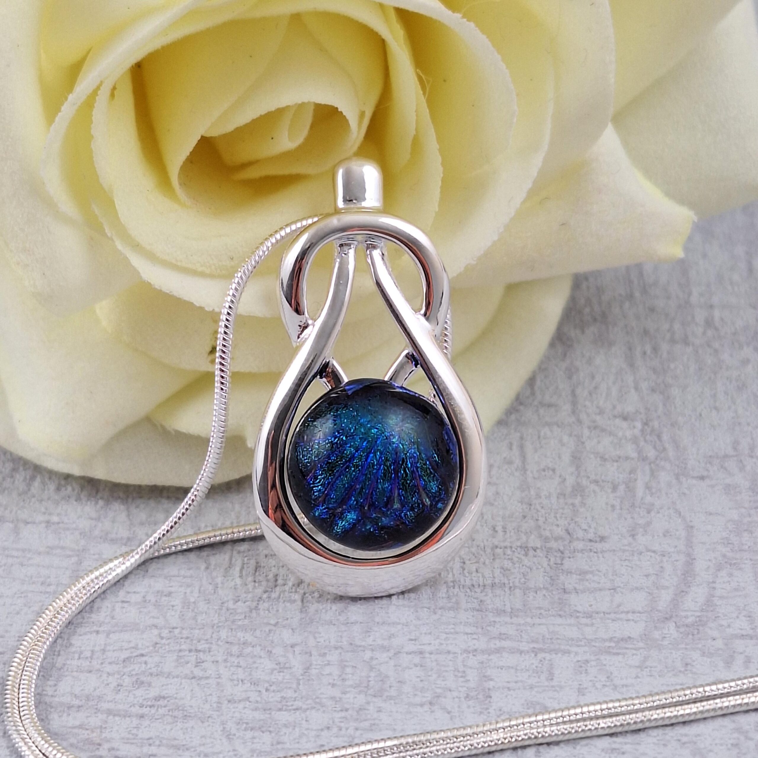 blue celtic knock dichroic glass pendant with chain
