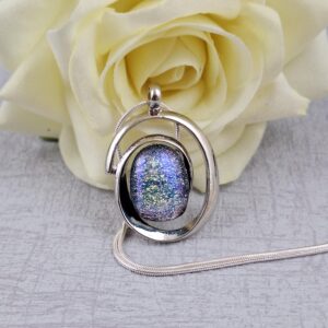 purple and green spiral dichroic glass pendant with chain