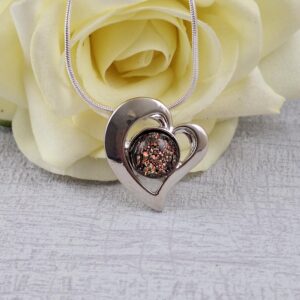 brown and red heart dichroic glass pendant with chain