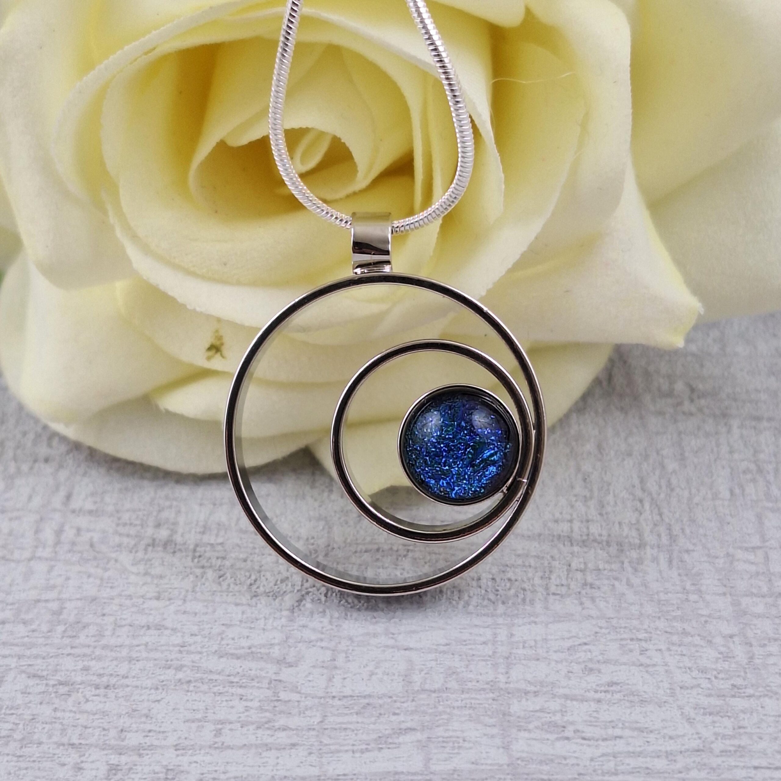 blue double circle dichroic glass pendant with chain