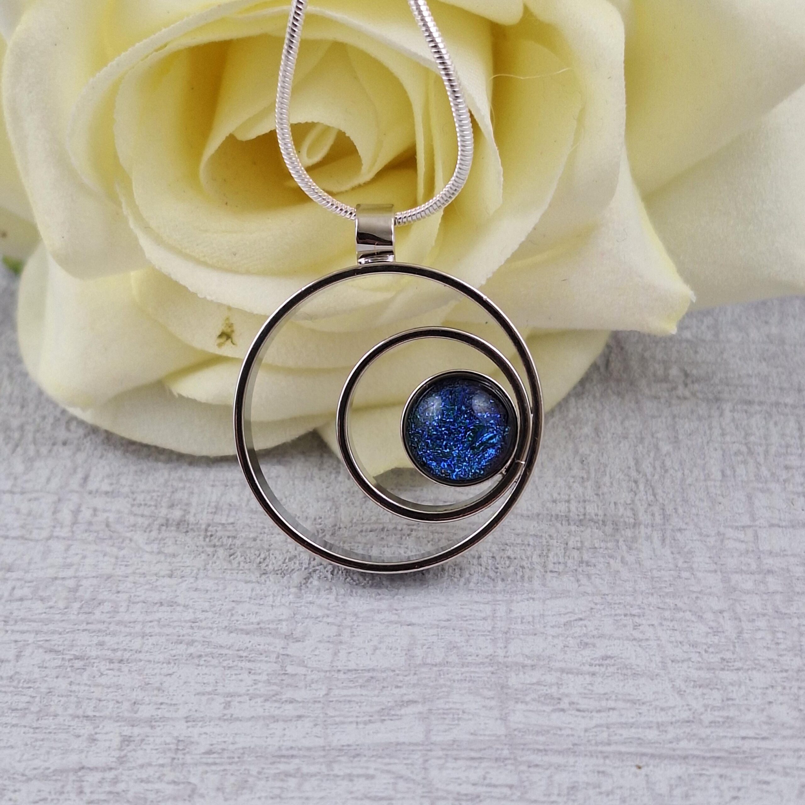 blue double circle dichroic glass pendant with chain