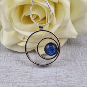 blue double circle dichroic glass pendant with chain