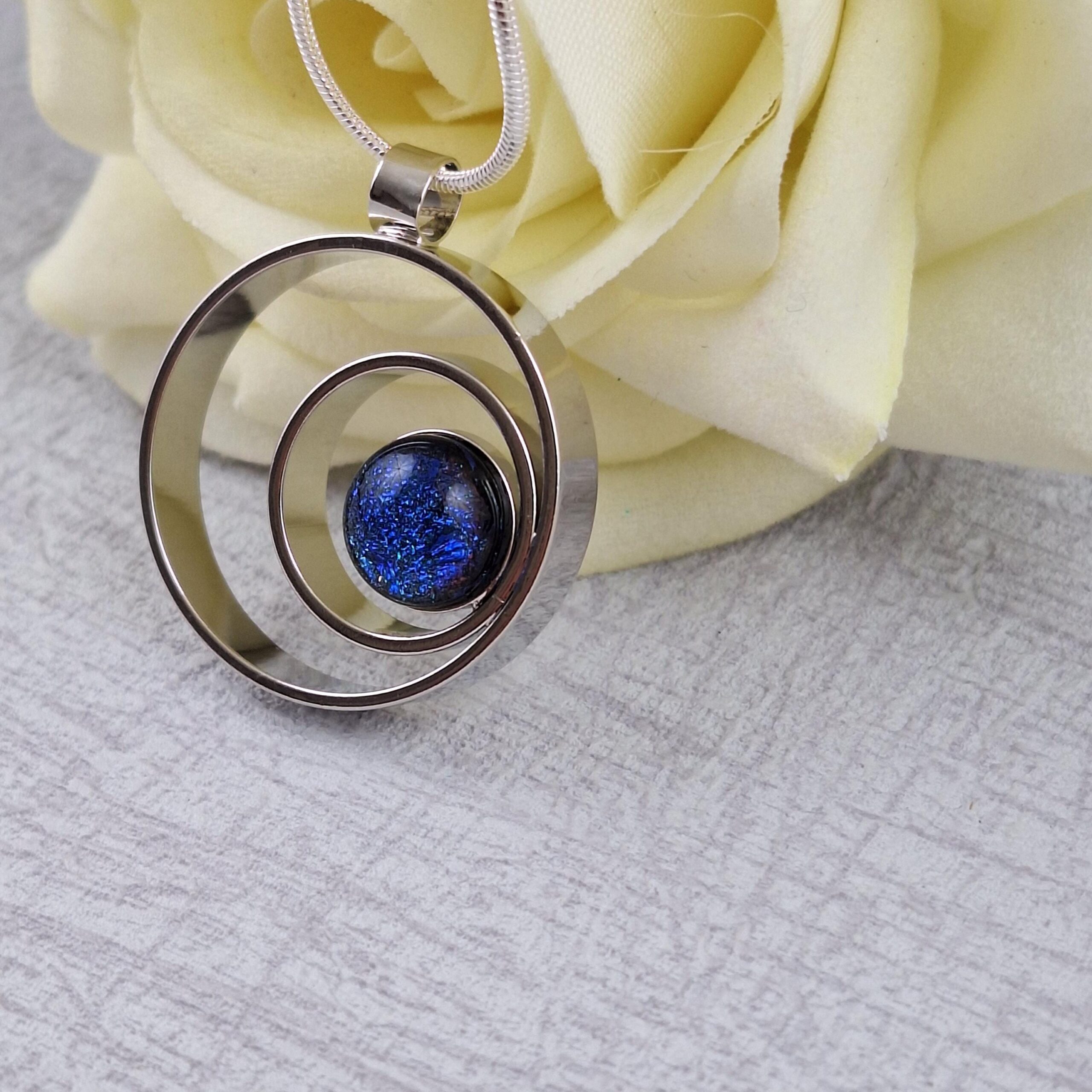 blue double circle dichroic glass pendant with chain
