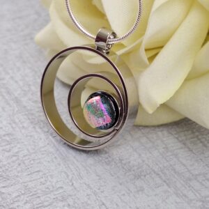 pink and green double circle dichroic glass pendant with chain