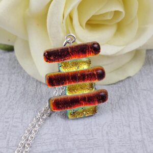 Red, Orange And Yellow Dichroic Glass Pendant With Silver Chain