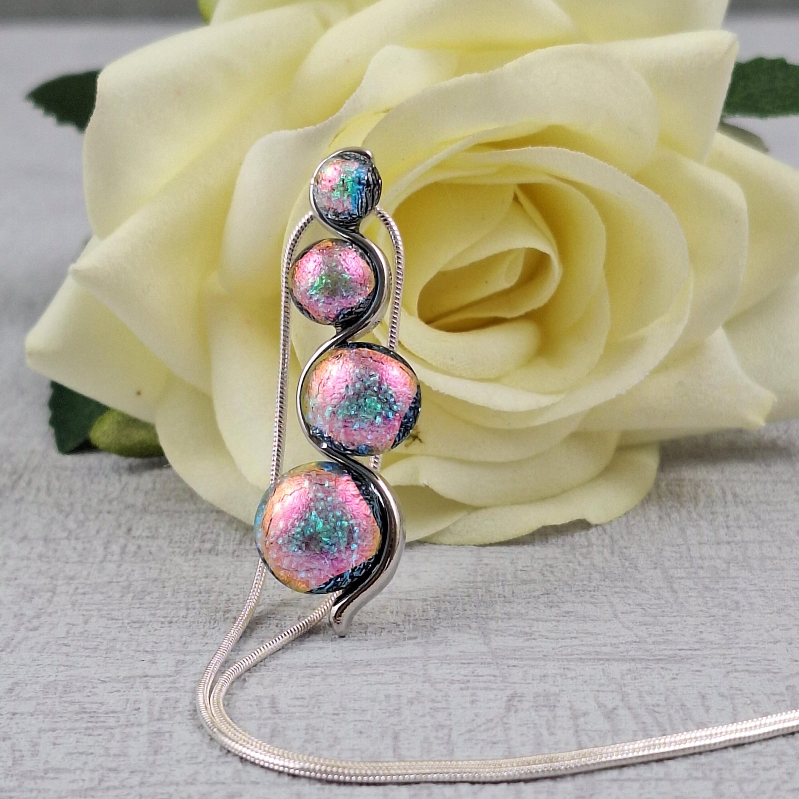 Pink Green Dichroic Glass Pendant With Chain