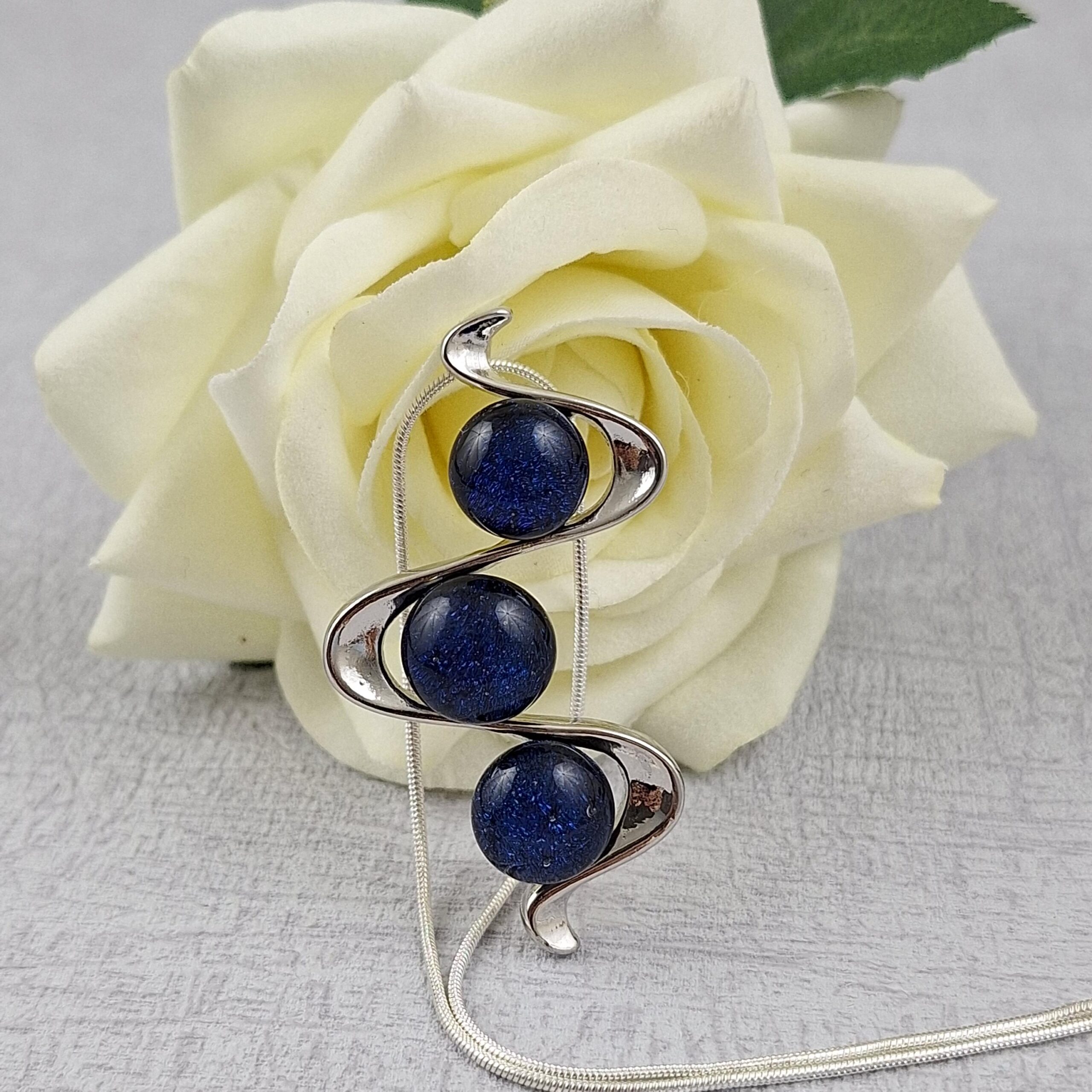 Blue Dichroic Glass Snake Pendant With Chain