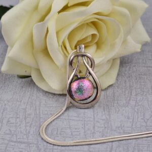 Pink And Green Celtic Knock Dichroic Glass Pendant With Chain