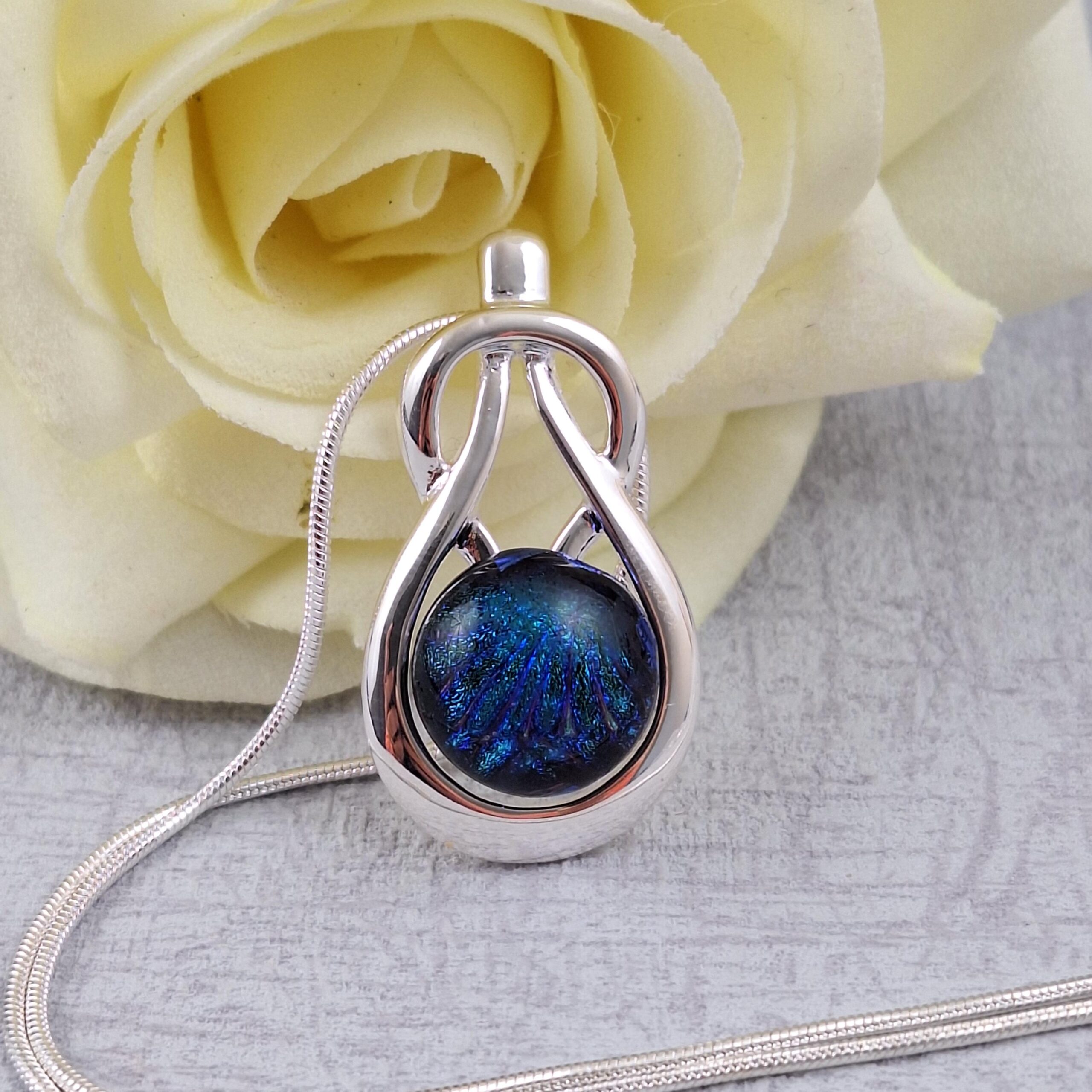 blue celtic knock dichroic glass pendant with chain