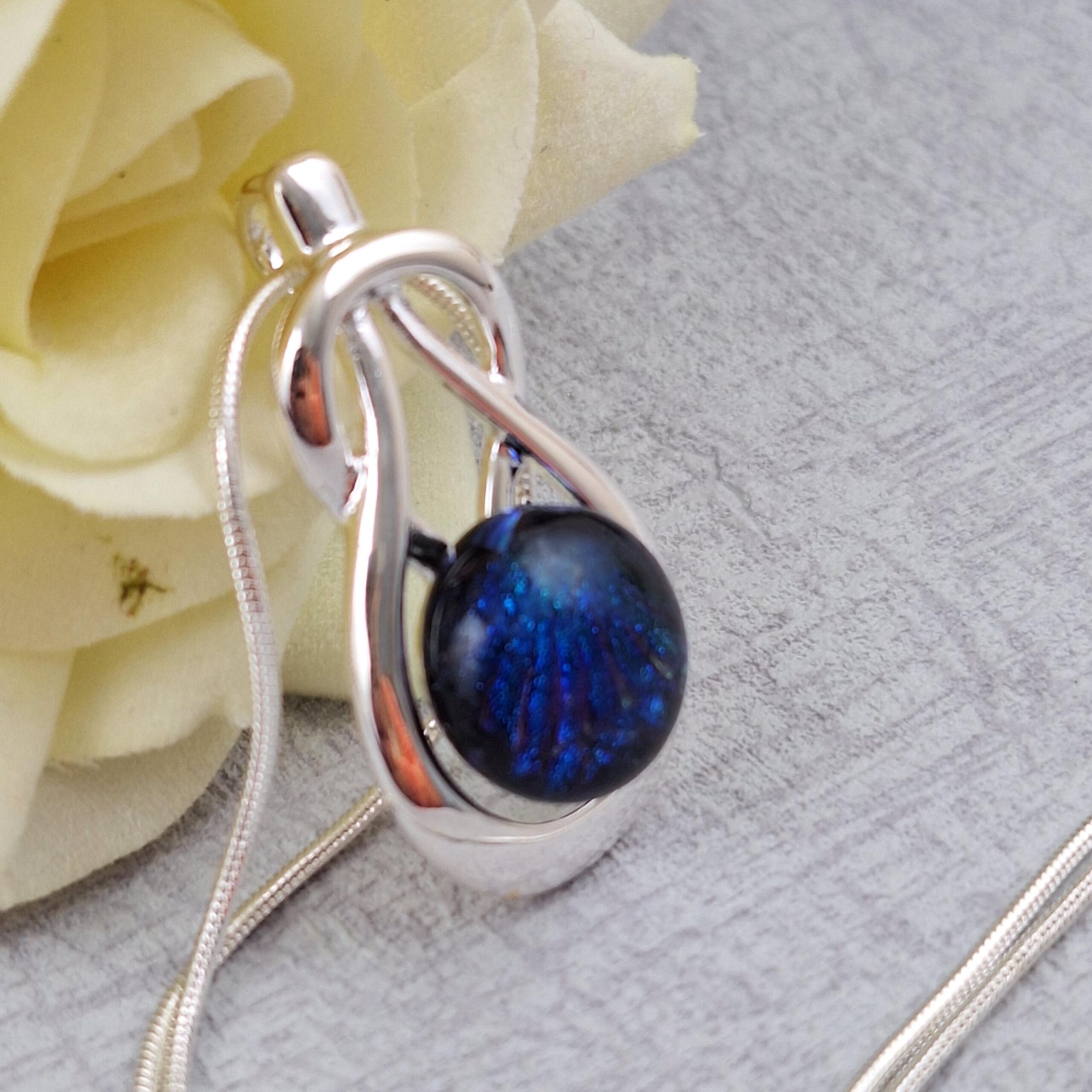 blue celtic knock dichroic glass pendant with chain
