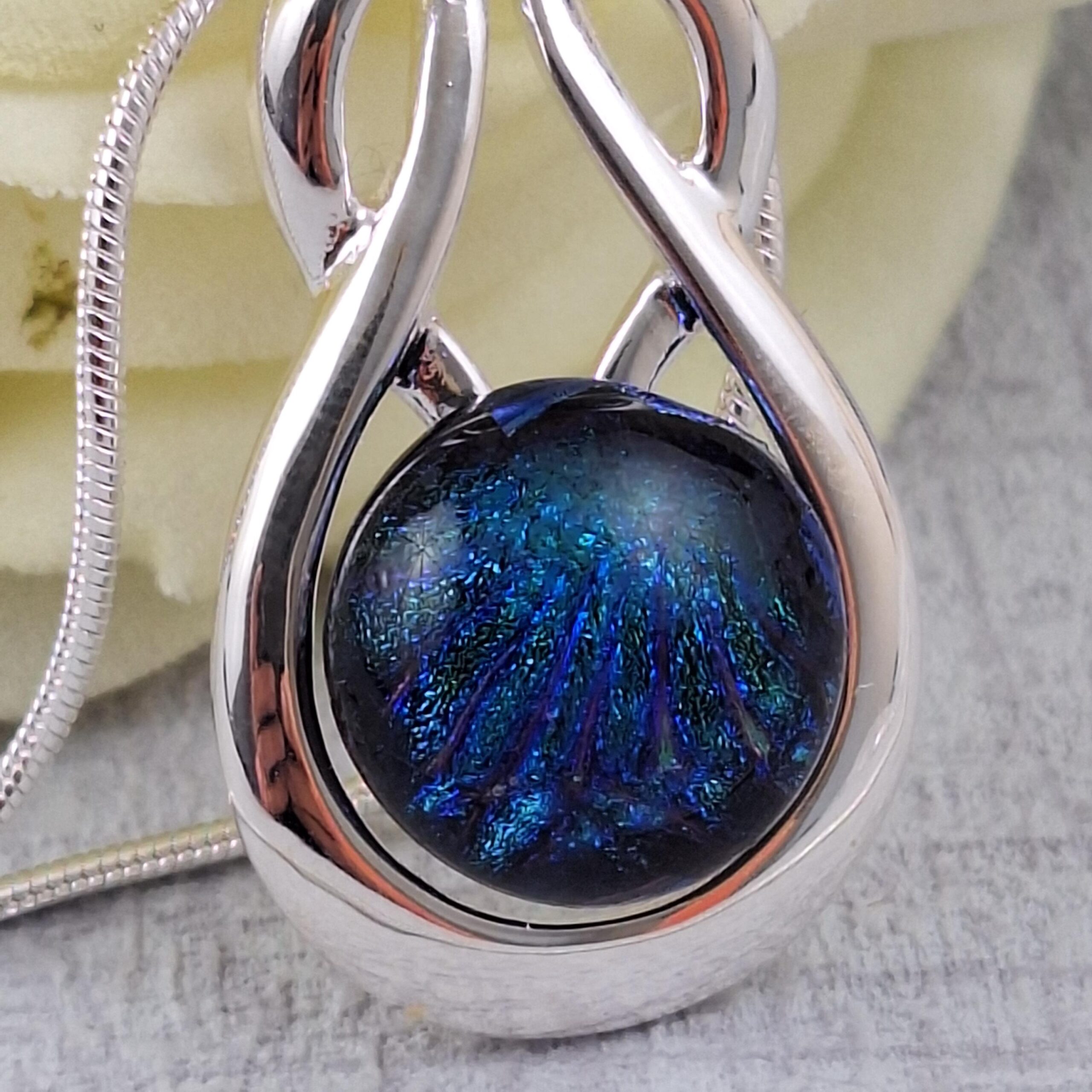 blue celtic knock dichroic glass pendant with chain