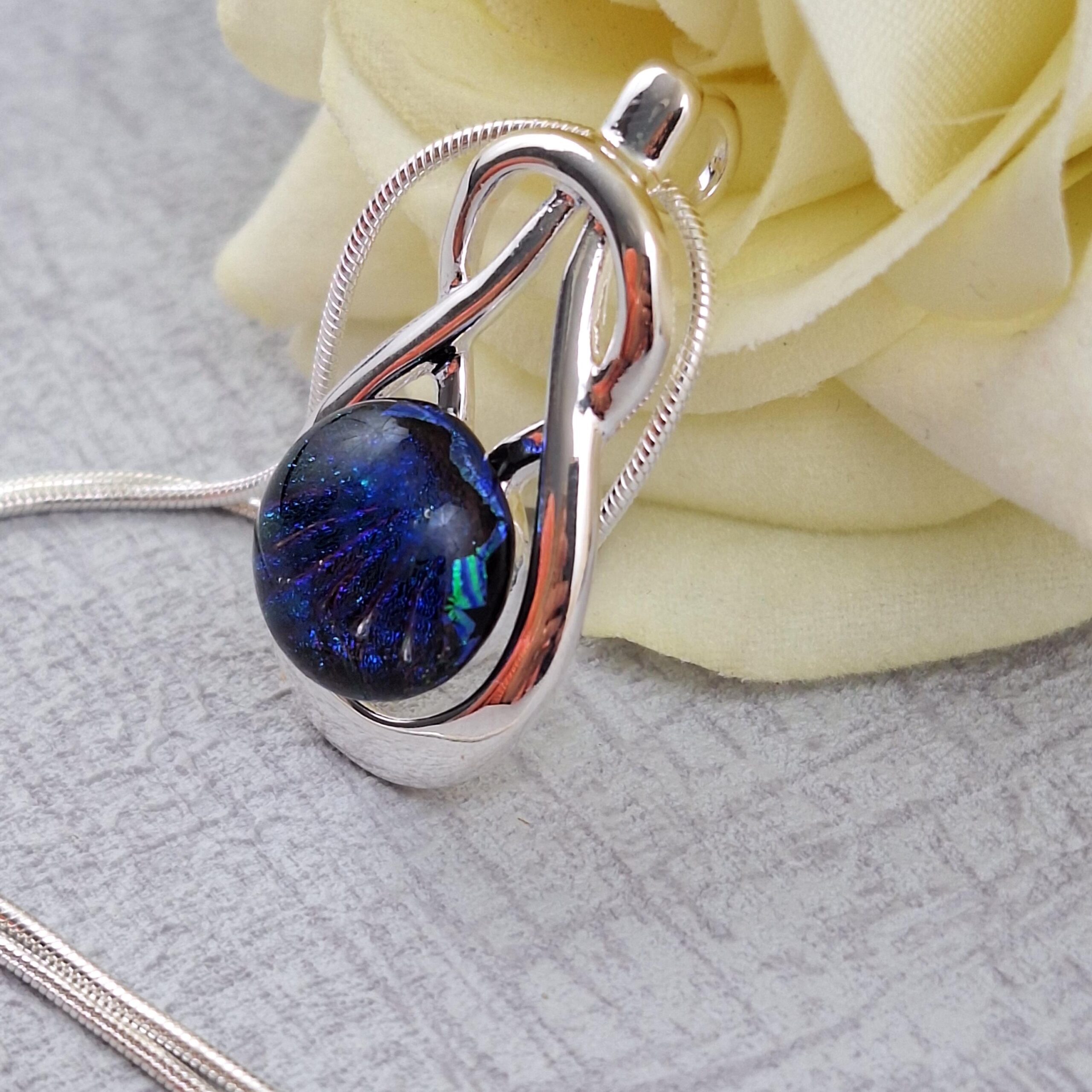 blue celtic knock dichroic glass pendant with chain