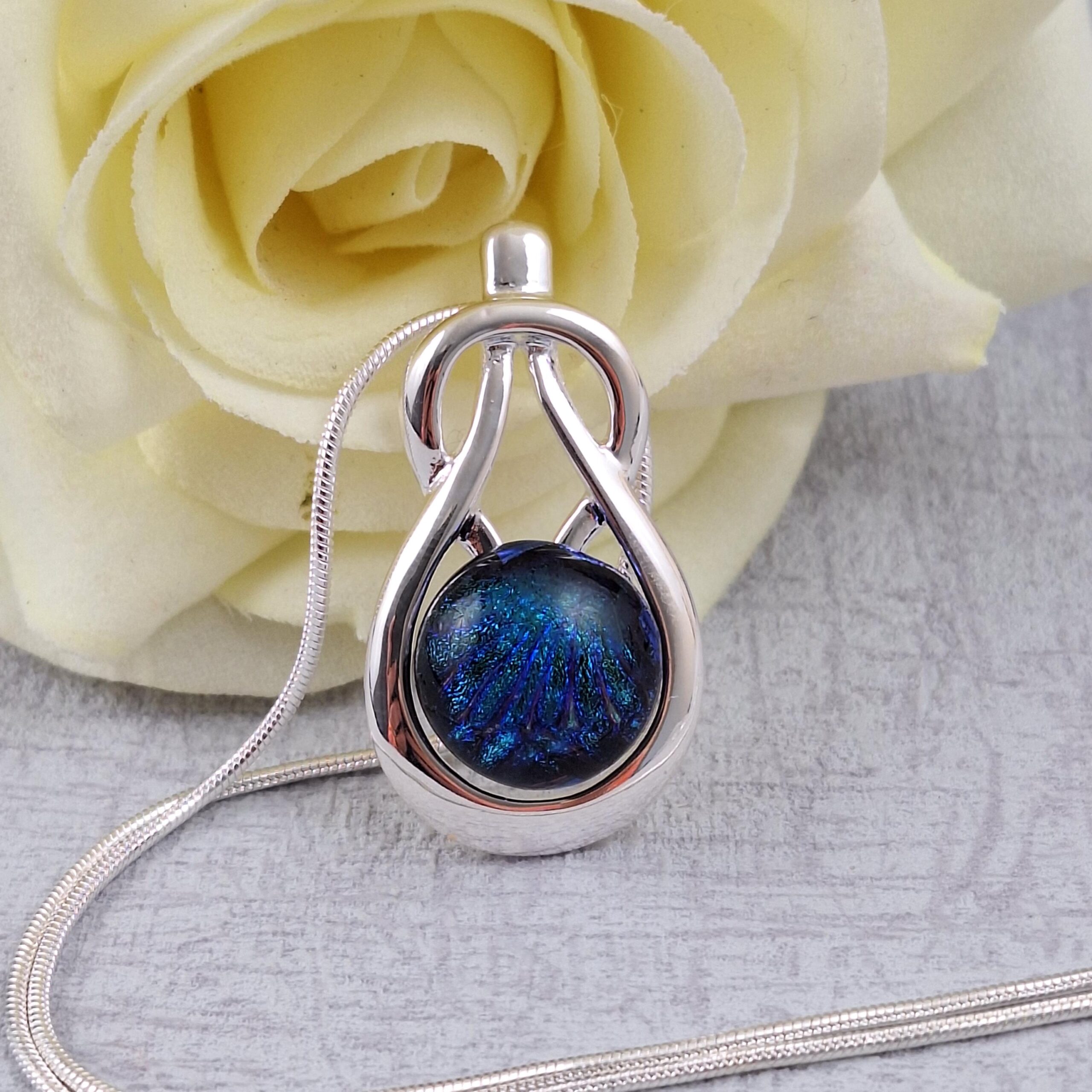 blue celtic knock dichroic glass pendant with chain