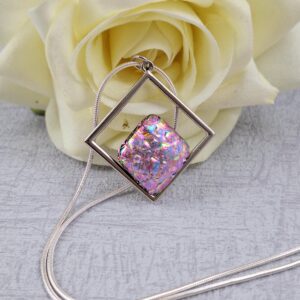 pink triangle dichroic glass pendant with chain