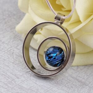 blue double circle dichroic glass pendant with chain
