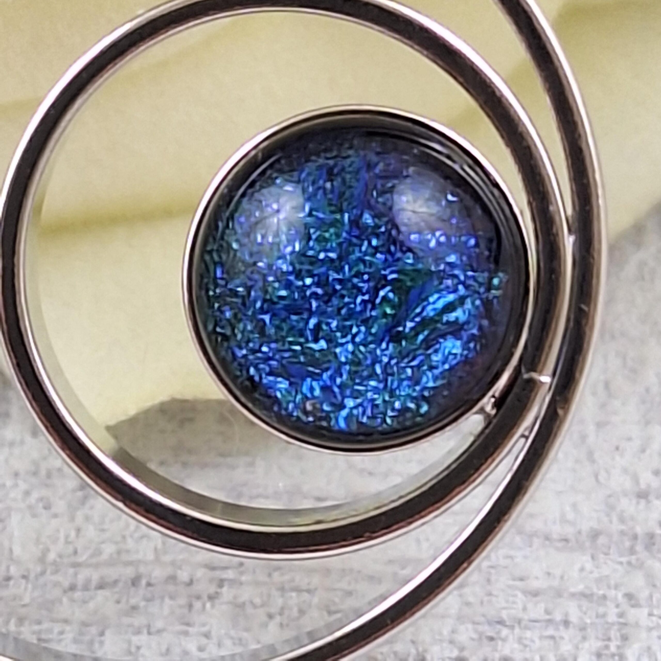 blue double circle dichroic glass pendant with chain
