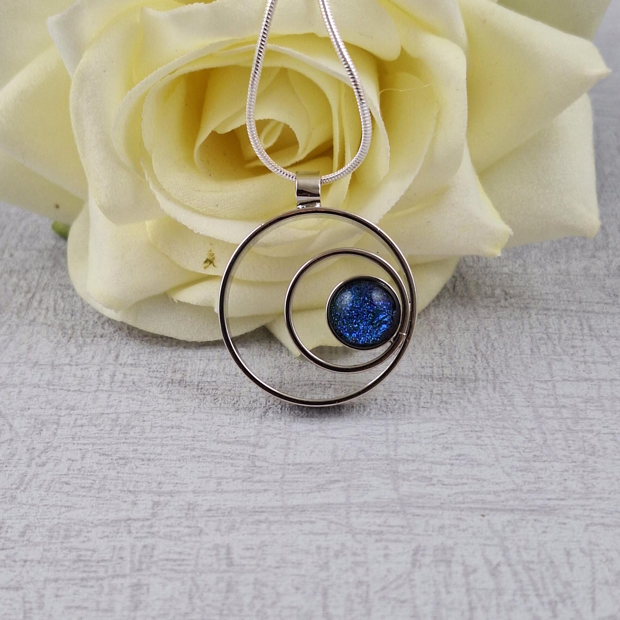 blue double circle dichroic glass pendant with chain