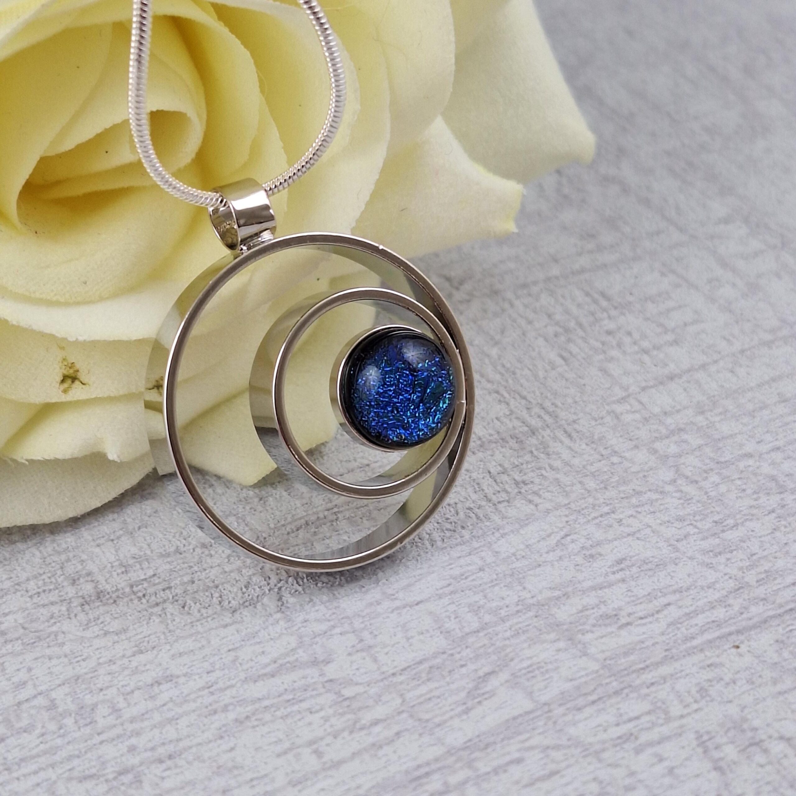 blue double circle dichroic glass pendant with chain